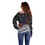 Carlton Blues ANZAC Day Off Shoulder Sweater Indigenous Dot Art with Poppy Flower Tribute