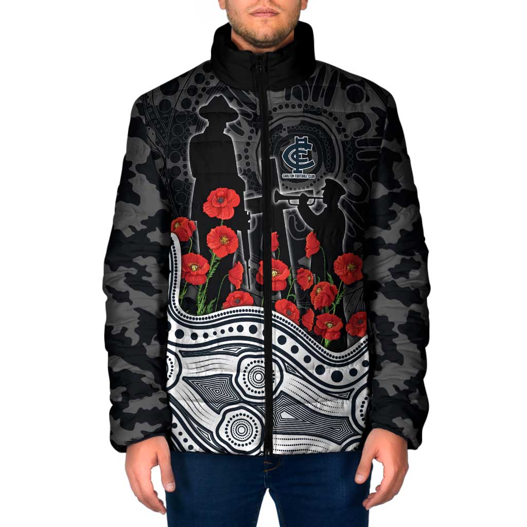 Carlton Blues ANZAC Day Padded Jacket Indigenous Dot Art with Poppy Flower Tribute
