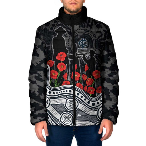 Carlton Blues ANZAC Day Padded Jacket Indigenous Dot Art with Poppy Flower Tribute