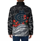 Carlton Blues ANZAC Day Padded Jacket Indigenous Dot Art with Poppy Flower Tribute