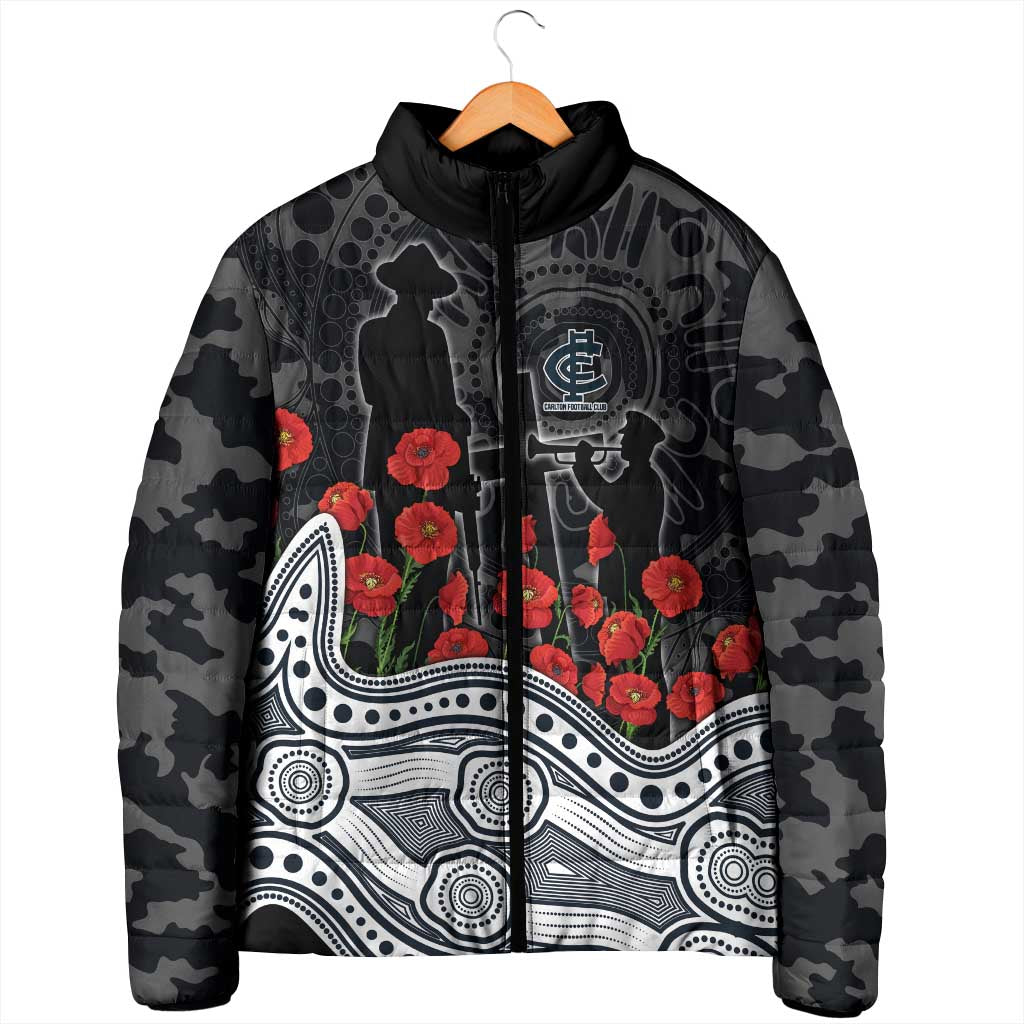 Carlton Blues ANZAC Day Padded Jacket Indigenous Dot Art with Poppy Flower Tribute