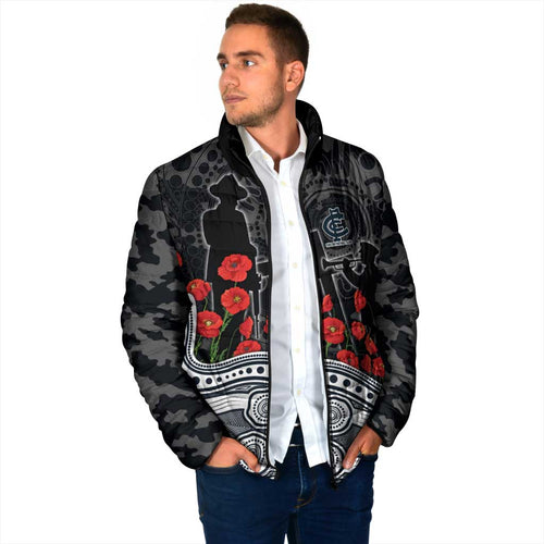 Carlton Blues ANZAC Day Padded Jacket Indigenous Dot Art with Poppy Flower Tribute
