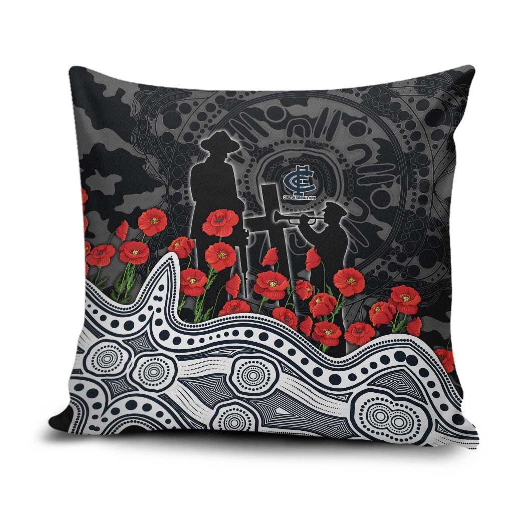 Carlton Blues ANZAC Day Pillow Cover Indigenous Dot Art with Poppy Flower Tribute