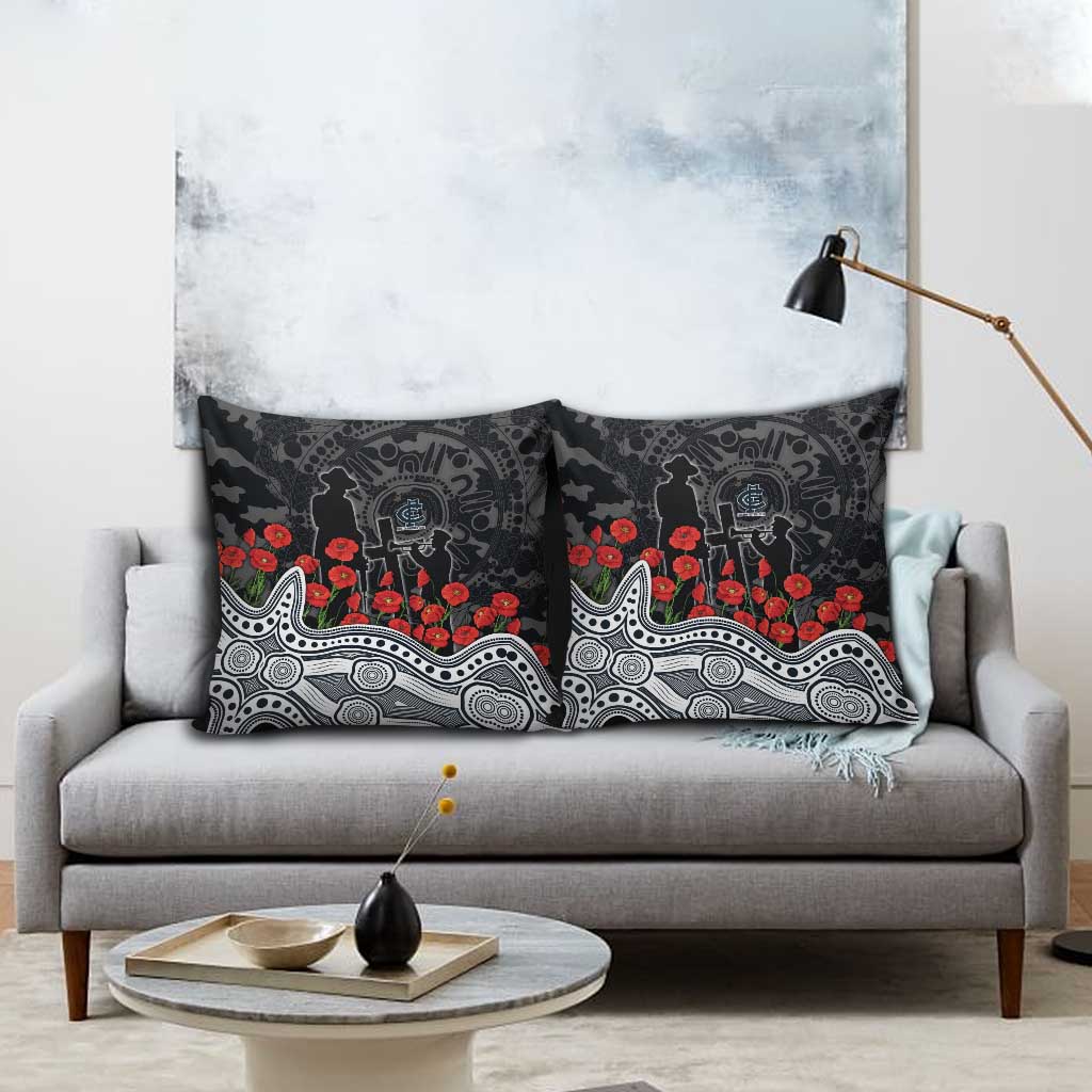 Carlton Blues ANZAC Day Pillow Cover Indigenous Dot Art with Poppy Flower Tribute