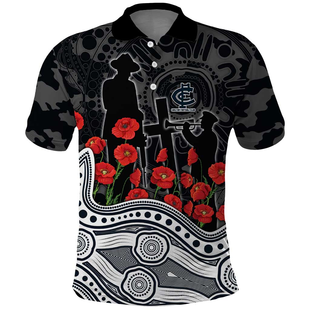 Carlton Blues ANZAC Day Polo Shirt Indigenous Dot Art with Poppy Flower Tribute
