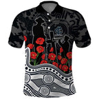 Carlton Blues ANZAC Day Polo Shirt Indigenous Dot Art with Poppy Flower Tribute