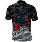 Carlton Blues ANZAC Day Polo Shirt Indigenous Dot Art with Poppy Flower Tribute