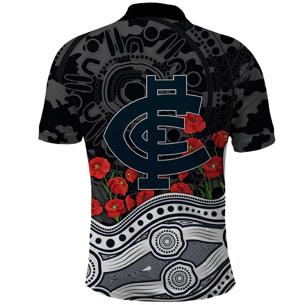 Carlton Blues ANZAC Day Polo Shirt Indigenous Dot Art with Poppy Flower Tribute