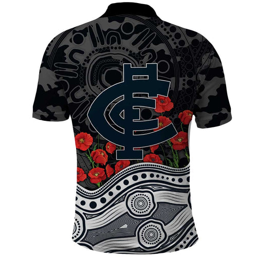 Carlton Blues ANZAC Day Polo Shirt Indigenous Dot Art with Poppy Flower Tribute