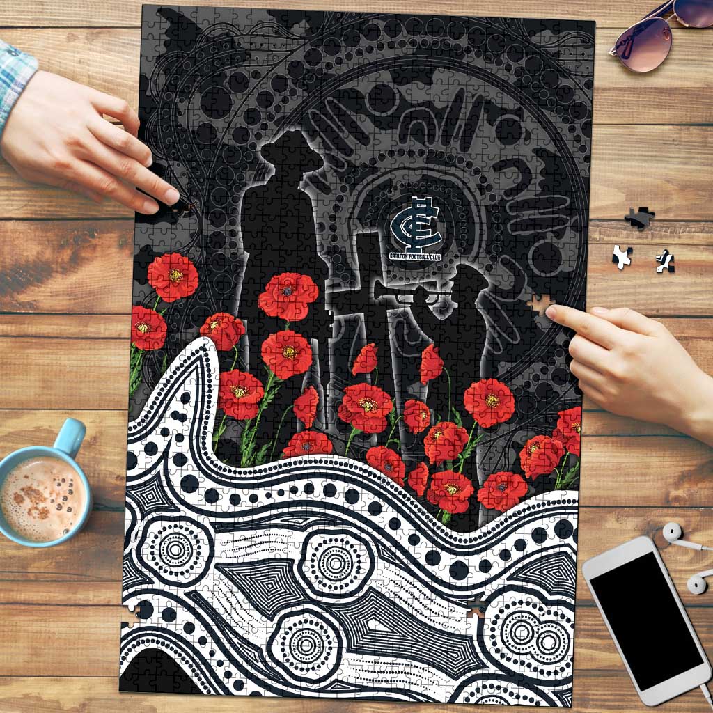 Carlton Blues ANZAC Day Puzzle Indigenous Dot Art with Poppy Flower Tribute