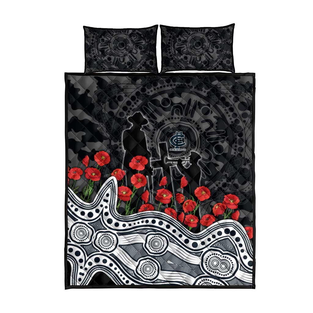 Carlton Blues ANZAC Day Quilt Bed Set Indigenous Dot Art with Poppy Flower Tribute