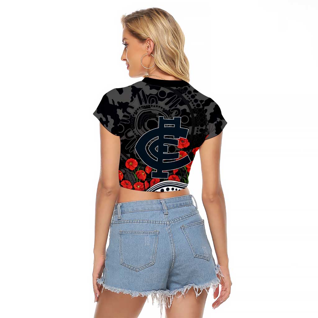Carlton Blues ANZAC Day Raglan Cropped T Shirt Indigenous Dot Art with Poppy Flower Tribute