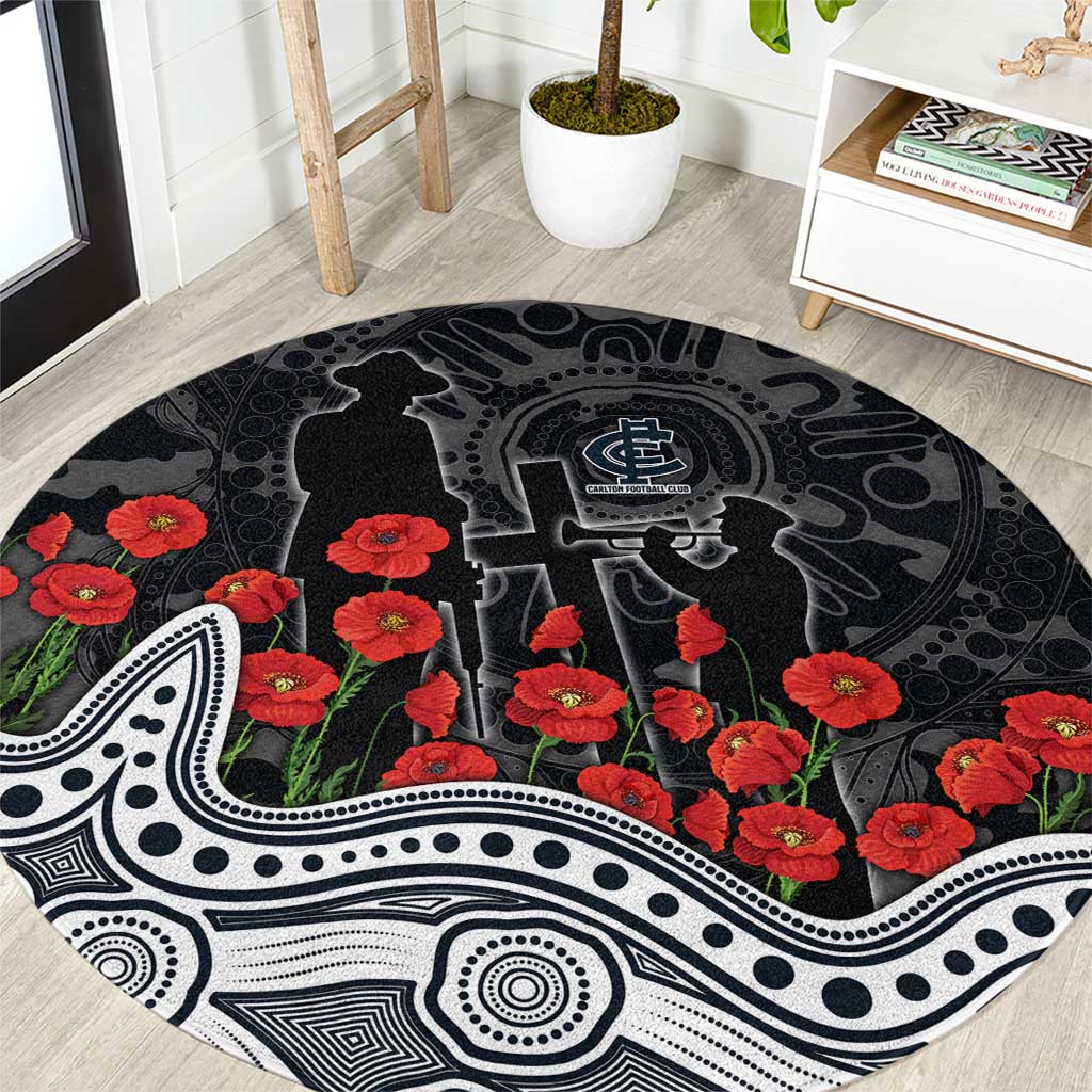 Carlton Blues ANZAC Day Round Carpet Indigenous Dot Art with Poppy Flower Tribute