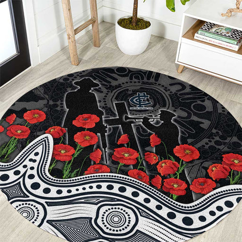 Carlton Blues ANZAC Day Round Carpet Indigenous Dot Art with Poppy Flower Tribute