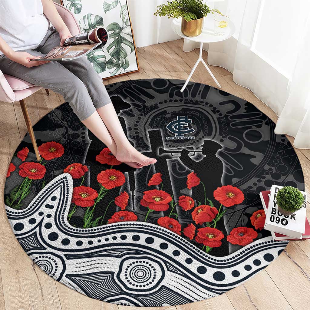 Carlton Blues ANZAC Day Round Carpet Indigenous Dot Art with Poppy Flower Tribute