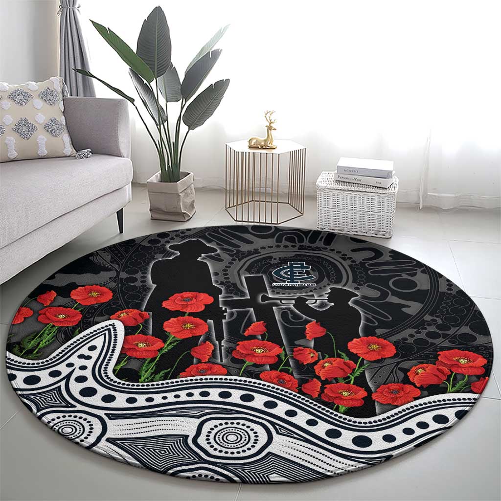 Carlton Blues ANZAC Day Round Carpet Indigenous Dot Art with Poppy Flower Tribute
