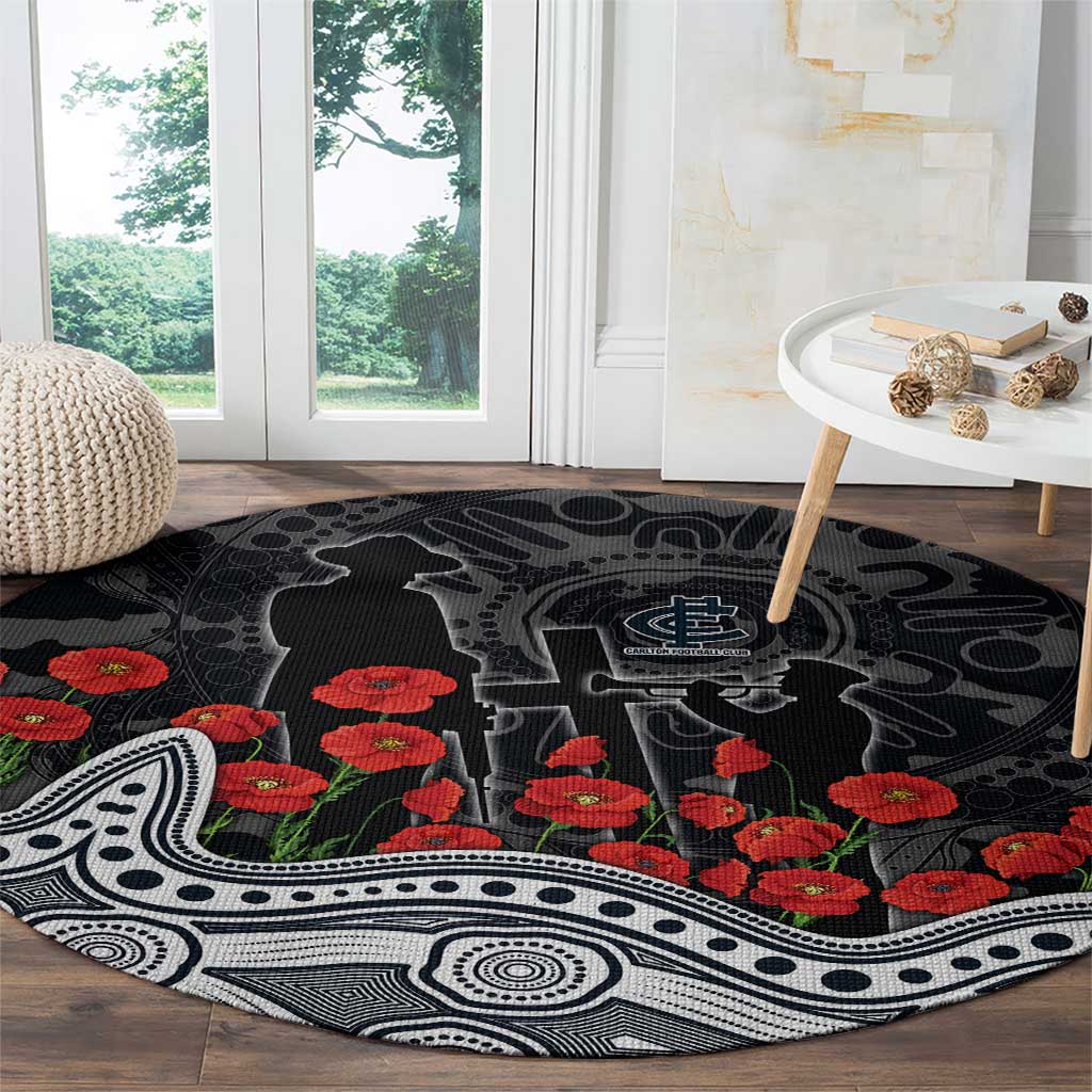Carlton Blues ANZAC Day Round Carpet Indigenous Dot Art with Poppy Flower Tribute