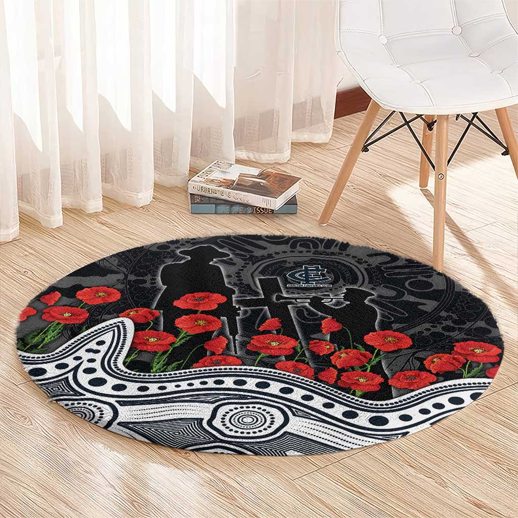 Carlton Blues ANZAC Day Round Carpet Indigenous Dot Art with Poppy Flower Tribute