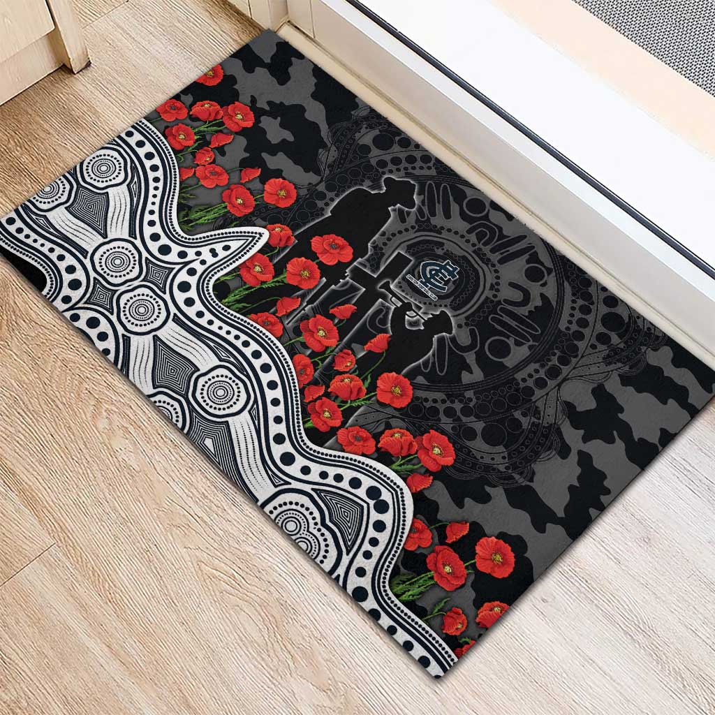 Carlton Blues ANZAC Day Rubber Doormat Indigenous Dot Art with Poppy Flower Tribute
