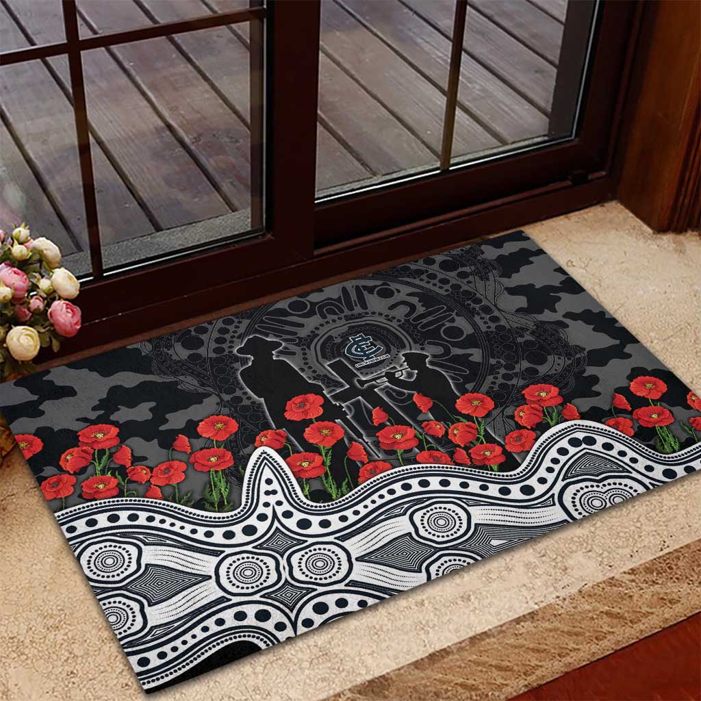 Carlton Blues ANZAC Day Rubber Doormat Indigenous Dot Art with Poppy Flower Tribute