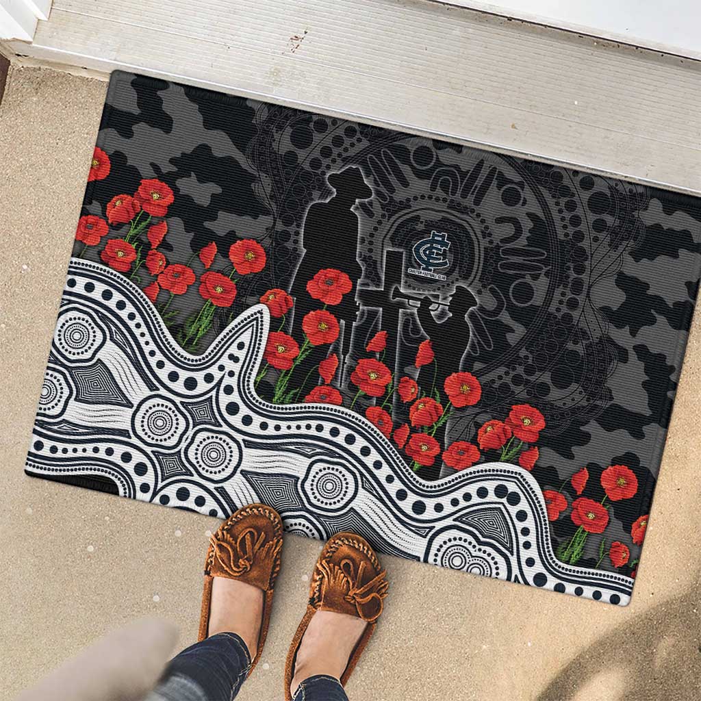 Carlton Blues ANZAC Day Rubber Doormat Indigenous Dot Art with Poppy Flower Tribute