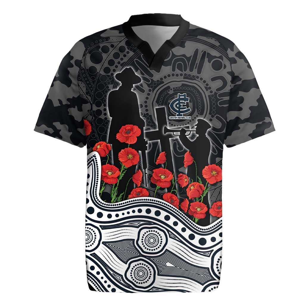 Carlton Blues ANZAC Day Rugby Jersey Indigenous Dot Art with Poppy Flower Tribute