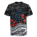 Carlton Blues ANZAC Day Rugby Jersey Indigenous Dot Art with Poppy Flower Tribute