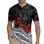 Carlton Blues ANZAC Day Rugby Jersey Indigenous Dot Art with Poppy Flower Tribute