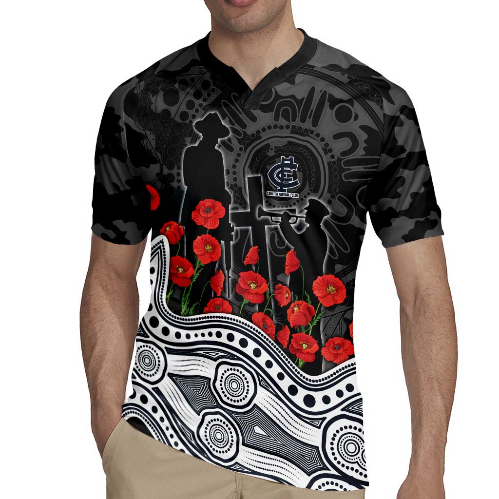 Carlton Blues ANZAC Day Rugby Jersey Indigenous Dot Art with Poppy Flower Tribute