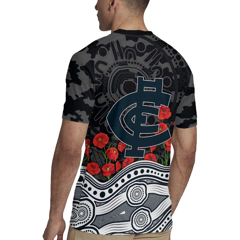 Carlton Blues ANZAC Day Rugby Jersey Indigenous Dot Art with Poppy Flower Tribute