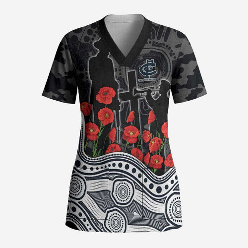 Carlton Blues ANZAC Day Scrub Top Indigenous Dot Art with Poppy Flower Tribute
