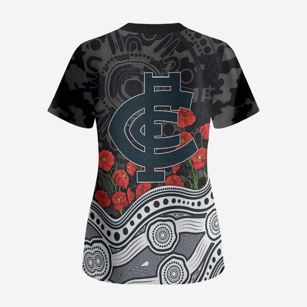 Carlton Blues ANZAC Day Scrub Top Indigenous Dot Art with Poppy Flower Tribute
