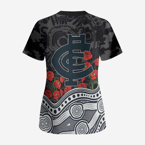 Carlton Blues ANZAC Day Scrub Top Indigenous Dot Art with Poppy Flower Tribute