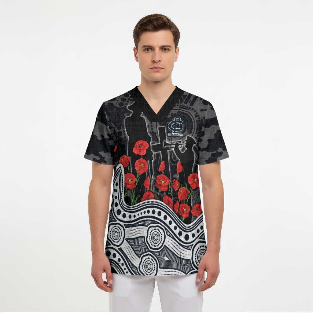 Carlton Blues ANZAC Day Scrub Top Indigenous Dot Art with Poppy Flower Tribute