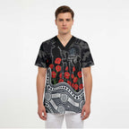 Carlton Blues ANZAC Day Scrub Top Indigenous Dot Art with Poppy Flower Tribute