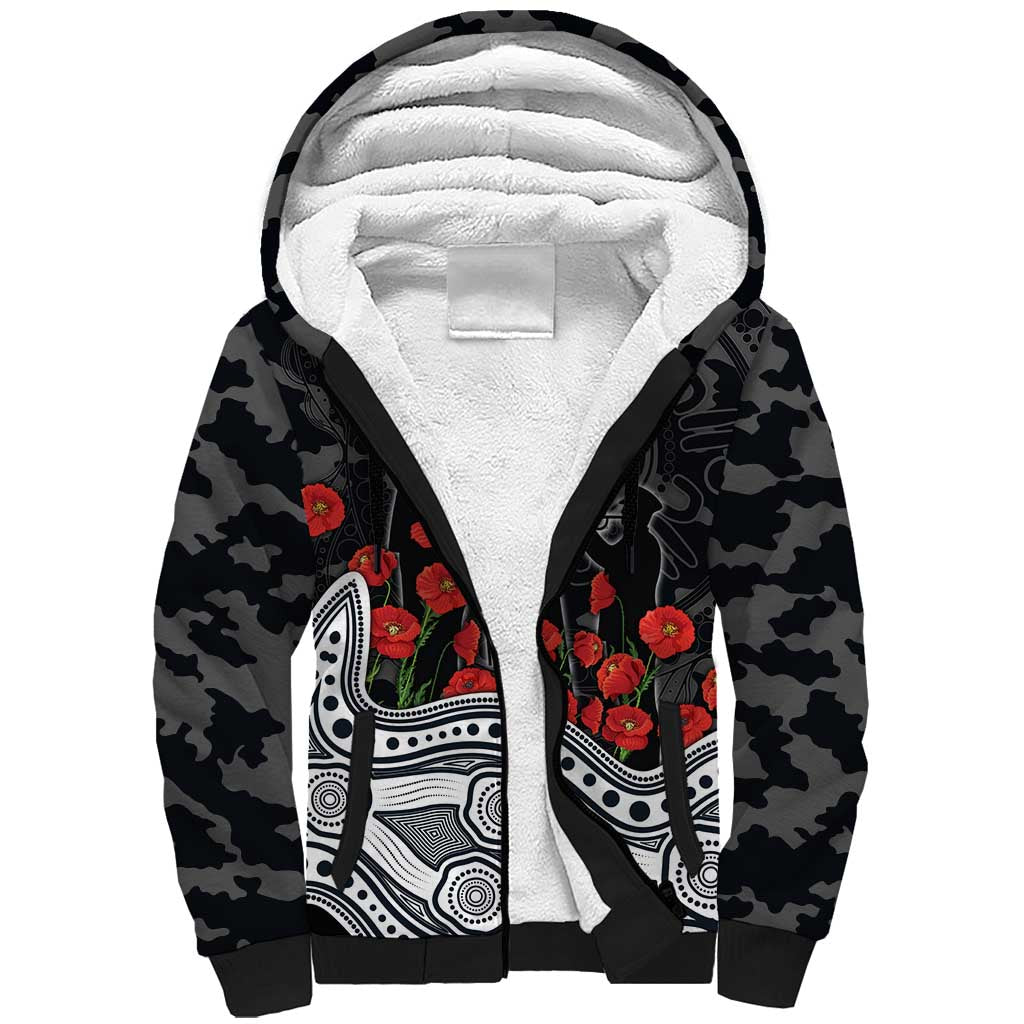 Carlton Blues ANZAC Day Sherpa Hoodie Indigenous Dot Art with Poppy Flower Tribute