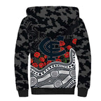Carlton Blues ANZAC Day Sherpa Hoodie Indigenous Dot Art with Poppy Flower Tribute