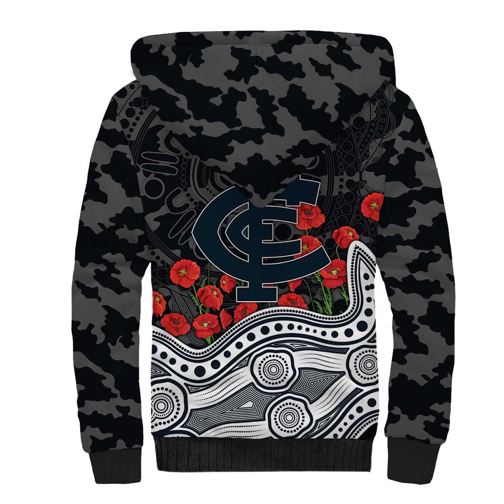 Carlton Blues ANZAC Day Sherpa Hoodie Indigenous Dot Art with Poppy Flower Tribute
