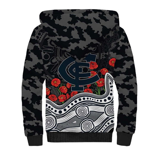 Carlton Blues ANZAC Day Sherpa Hoodie Indigenous Dot Art with Poppy Flower Tribute