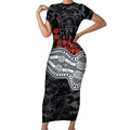 Carlton Blues ANZAC Day Short Sleeve Bodycon Dress Indigenous Dot Art with Poppy Flower Tribute