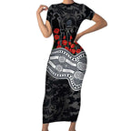 Carlton Blues ANZAC Day Short Sleeve Bodycon Dress Indigenous Dot Art with Poppy Flower Tribute