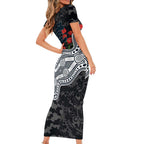 Carlton Blues ANZAC Day Short Sleeve Bodycon Dress Indigenous Dot Art with Poppy Flower Tribute