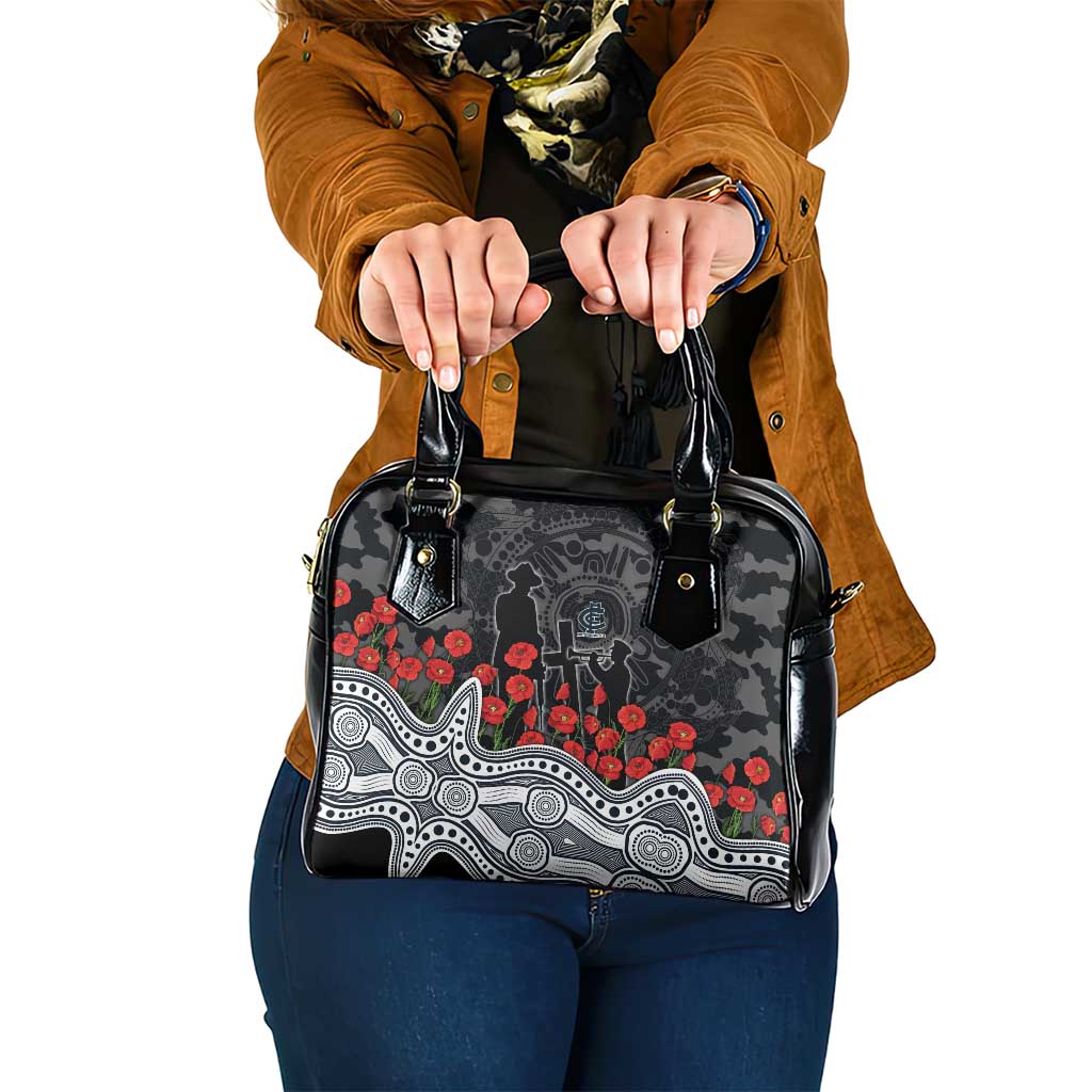 Carlton Blues ANZAC Day Shoulder Handbag Indigenous Dot Art with Poppy Flower Tribute