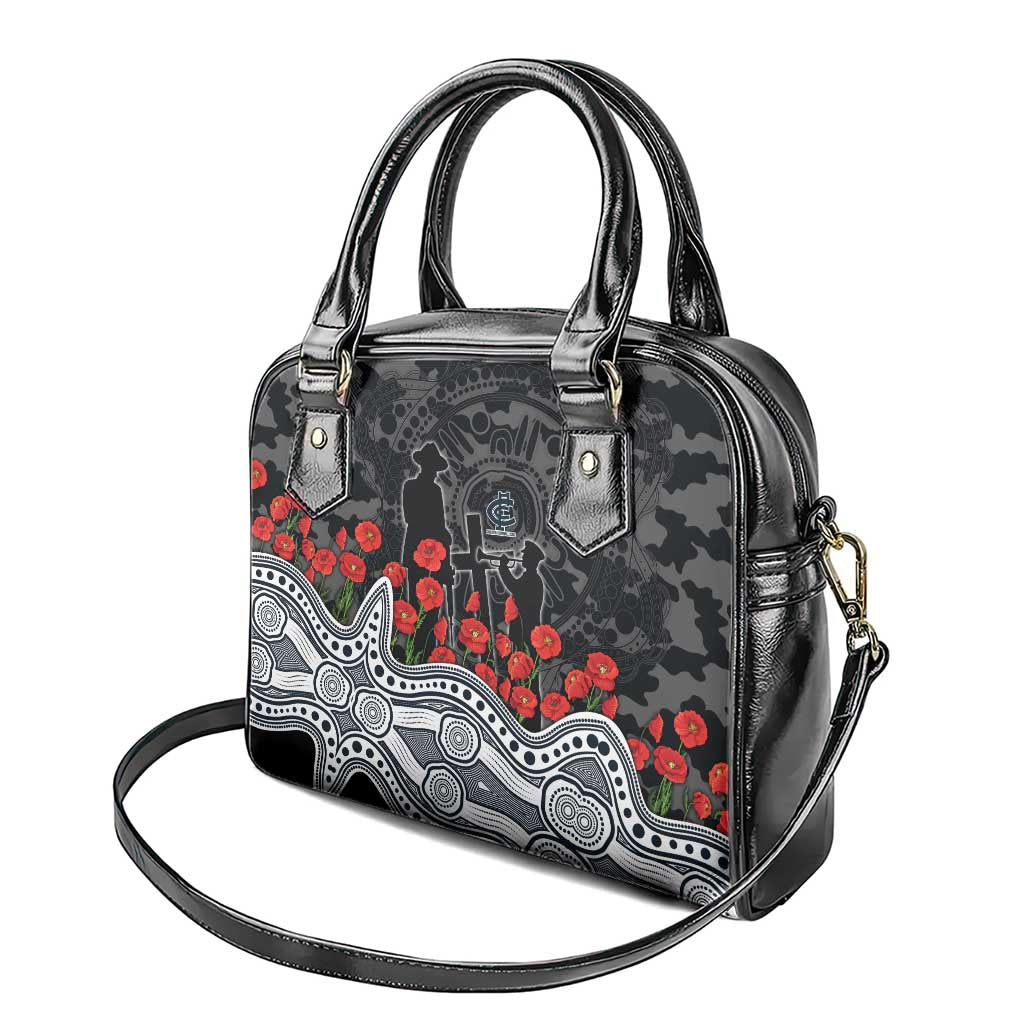 Carlton Blues ANZAC Day Shoulder Handbag Indigenous Dot Art with Poppy Flower Tribute