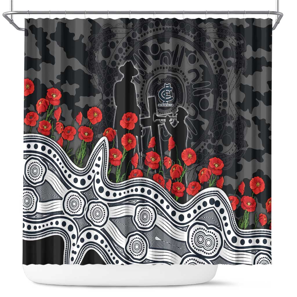 Carlton Blues ANZAC Day Shower Curtain Indigenous Dot Art with Poppy Flower Tribute