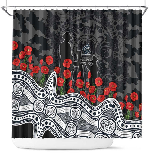 Carlton Blues ANZAC Day Shower Curtain Indigenous Dot Art with Poppy Flower Tribute