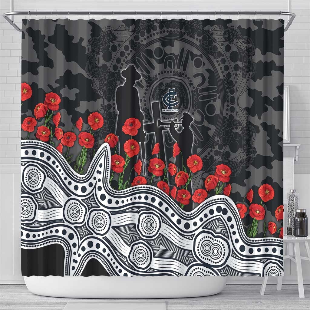 Carlton Blues ANZAC Day Shower Curtain Indigenous Dot Art with Poppy Flower Tribute