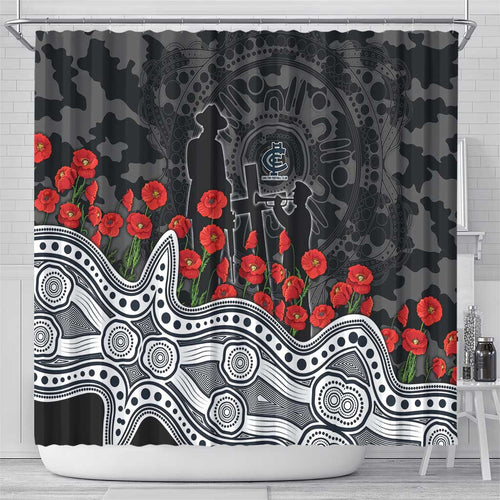 Carlton Blues ANZAC Day Shower Curtain Indigenous Dot Art with Poppy Flower Tribute