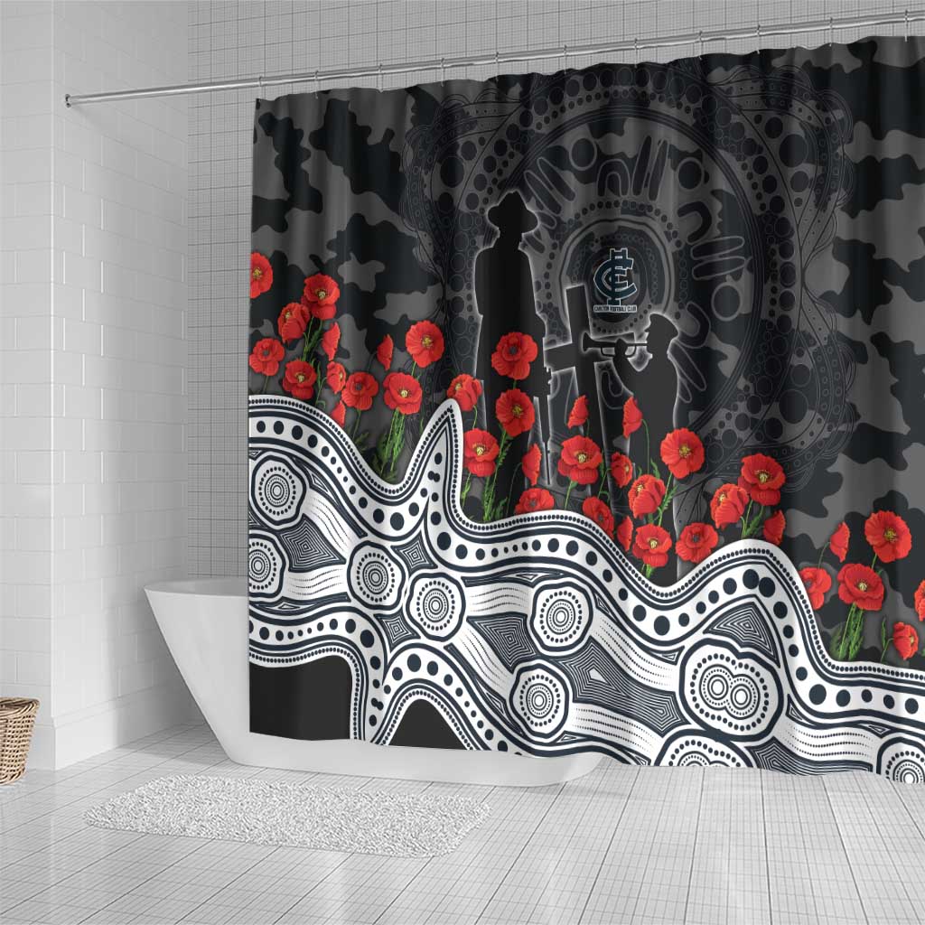 Carlton Blues ANZAC Day Shower Curtain Indigenous Dot Art with Poppy Flower Tribute