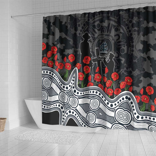 Carlton Blues ANZAC Day Shower Curtain Indigenous Dot Art with Poppy Flower Tribute